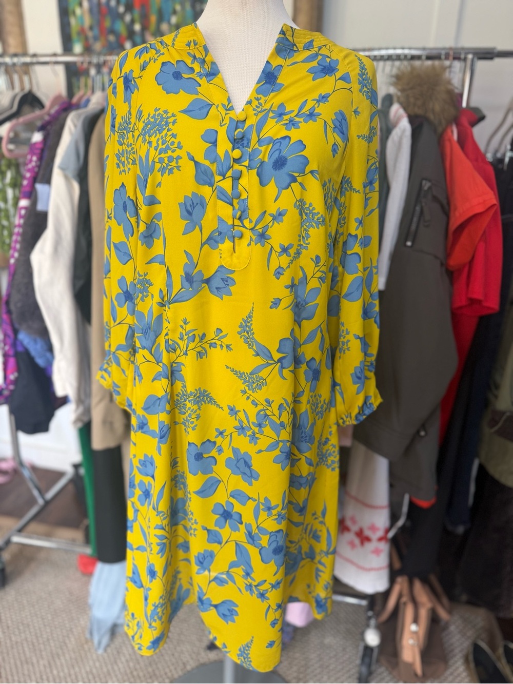 CAbi Yellow Floral Shift Dress with Blue Bloom Print